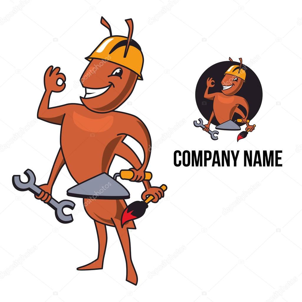Ant character and logo. Ant looks like worker or builder. He is wearing helmet and holding tools in his hands, such as paint brush, putty knife, wrench. Ant shows OK and smiles.