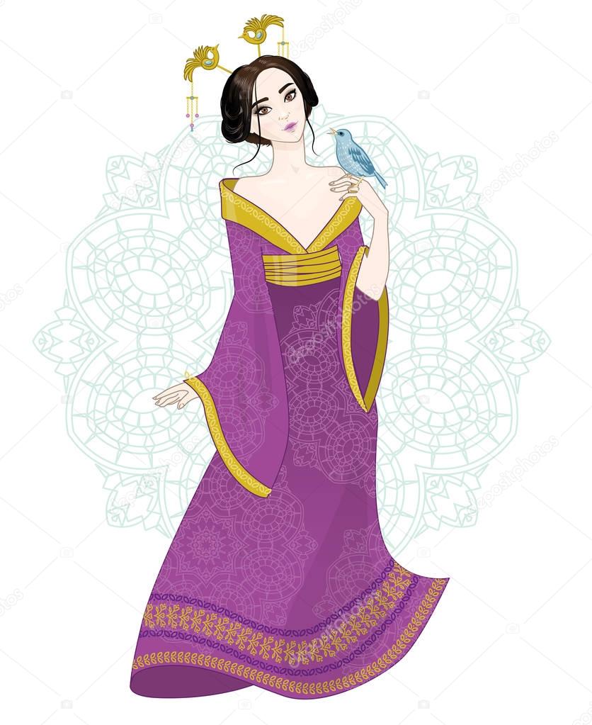 Vector illustration chinese young beautiful woman with bird on h