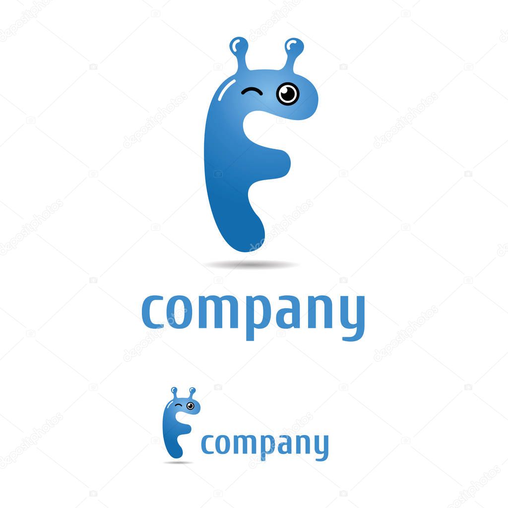 Logo. Weird character in letter F shape. Alien or snail. Logo for technological or digital company, advertising agency, kids staff.