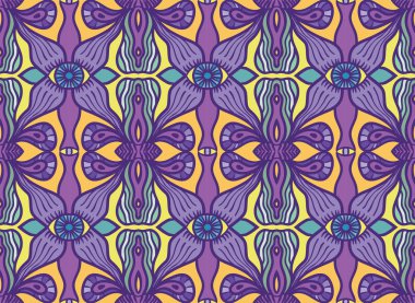 Vektör garip garip alışılmadık psichodelic seamless modeli. Gözleri ve dalgalı curvy hatları ve formları. İllüstrasyon kaydırma kağıt, tekstil, kumaş, duvar kağıdı. Mor (Menekşe), sarı, yeşil organik şekilleri.