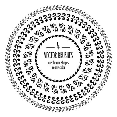 Çizilmiş fırçalar vektör ver. Mürekkep daire kare yürekleri bırakır. Çizgili kenarlığı ayarla ve tasarım öğesi karalamak. Geometrik vintage moda deseni. Resimde. Trendy doodle stili. 