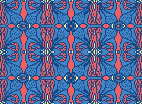 Vector étrange étrange inhabituel psichodelic motif sans couture. Yeux et courbes ondulées lignes et formes. Illustration pour papier d'emballage, textile, tissu, papier peint. Bleu et rouge (orange ) — Image vectorielle