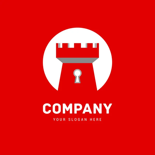 Diseño del logotipo vectorial, icono del símbolo del castillo en círculo. Plantilla Logotype. Logotipo para seguridad, propiedad, bienes raíces, negocios. Logo blanco en fondo rojo — Archivo Imágenes Vectoriales