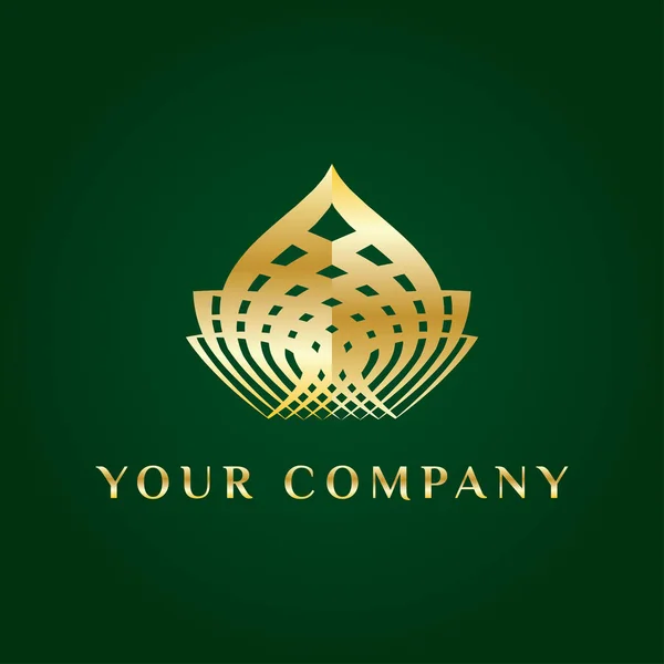 Vector elegant logo. Shape of lotus or dome or crown or bulb. Golden rich gradient oriental logotype for spa, yoga fitness, mind and body centre on dark green background. Sign with illusion of edge. — Stock Vector