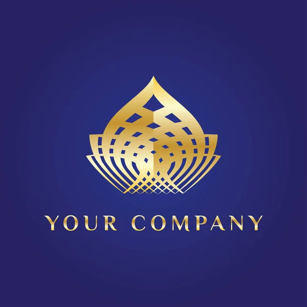 Vector elegant logo. Shape of lotus or dome or crown or bulb. Golden rich gradient oriental logotype for spa, yoga fitness, mind and body centre on dark blue background. Sign with illusion of edge. — Stock Vector