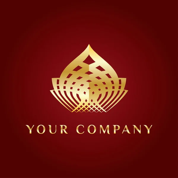 Vector elegant logo. Shape of lotus or dome or crown or bulb. Golden rich gradient oriental logotype for spa, yoga fitness, mind and body centre on dark red background. Sign with illusion of edge. — Stock Vector