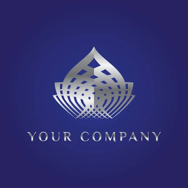 Vector elegant logo. Shape of lotus or dome or crown or bulb. Silver rich gradient oriental logotype for spa, yoga fitness, mind and body centre on dark blue background. Sign with illusion of edge. — Stock Vector