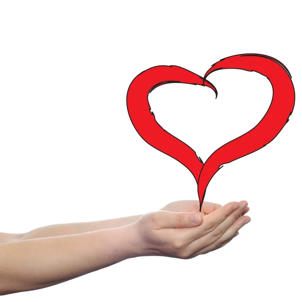 Painted red heart in hands — Stock Photo, Image