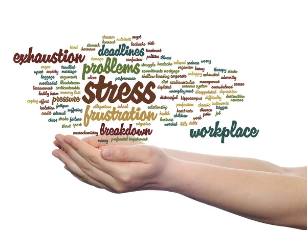 Stress word cloud i händer — Stockfoto