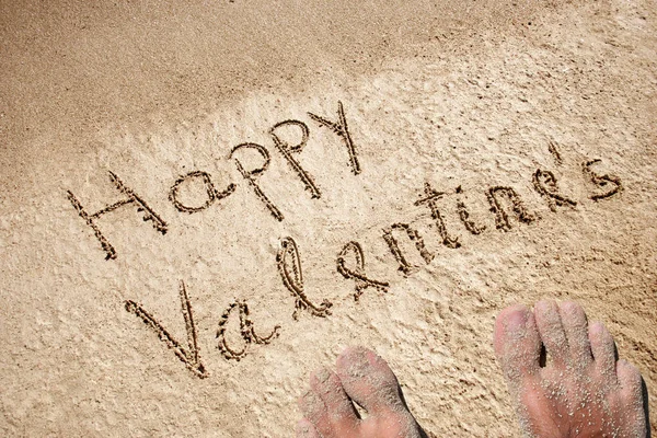 Felice testo di San Valentino in sabbia — Foto Stock