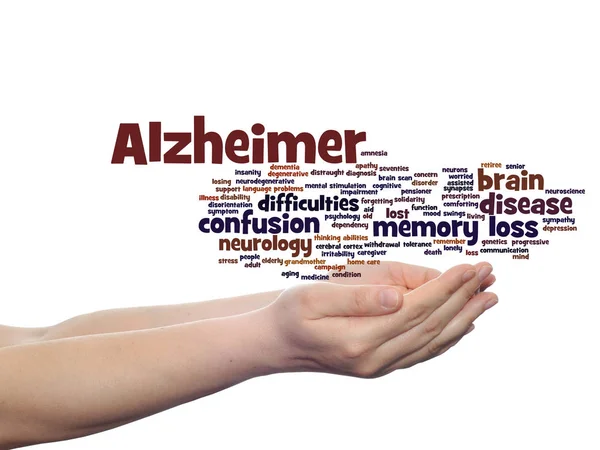 Alzheimer sintomas nuvem de palavras nas mãos — Fotografia de Stock