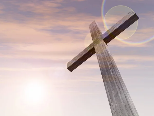 Drewniany krzyż nad Niebo Zachód słońca — Zdjęcie stockowe