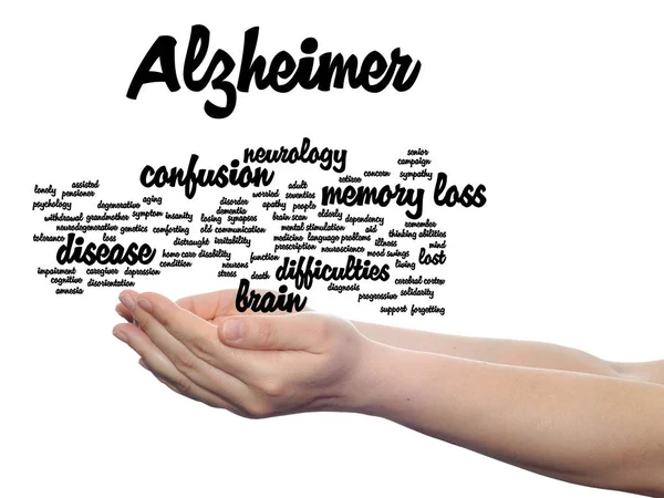 Σύννεφο λέξεων συμπτώματα Αλτσχάιμερ στα χέρια — Φωτογραφία Αρχείου