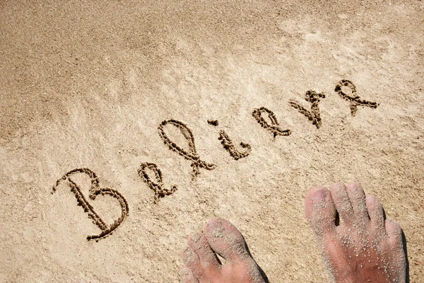 Tekst na plaży piasek — Zdjęcie stockowe