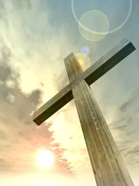 Wooden cross over sunset sky — Stock Photo, Image