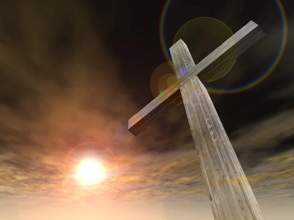 일몰 하늘 위에 나무 십자가 — 스톡 사진