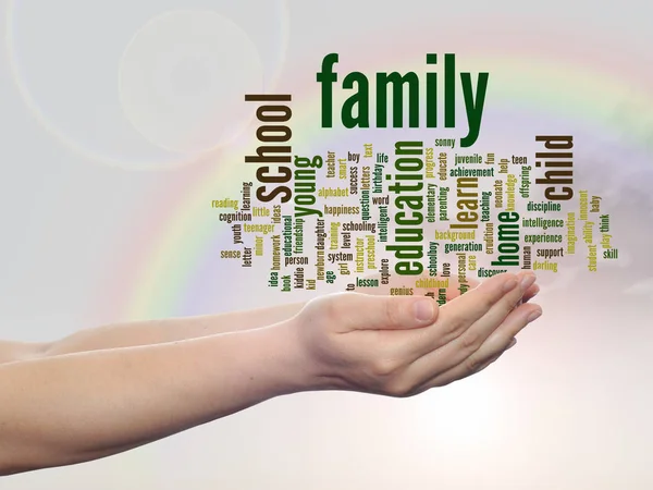Familj och utbildning word cloud i hand — Stockfoto