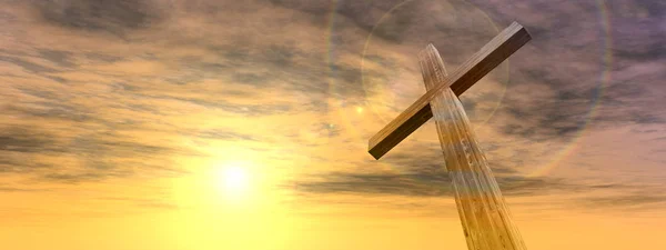 Drewniany krzyż nad Niebo Zachód słońca — Zdjęcie stockowe