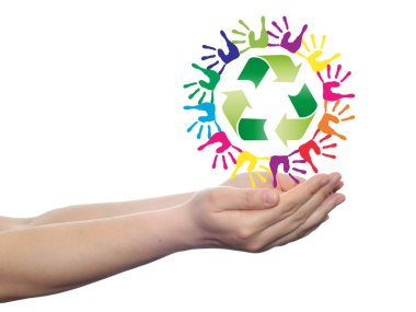 el parmak ve yeşil geri dönüşüm sembolü