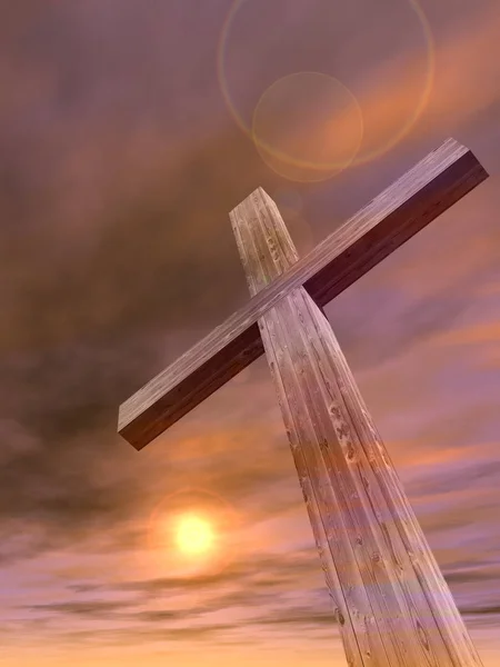 Dřevěný kříž nad západu slunce na obloze — Stock fotografie
