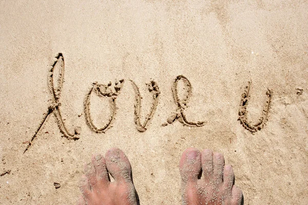 Tekst na plaży piasek — Zdjęcie stockowe