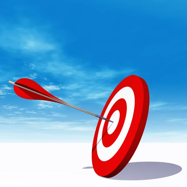 Concept or conceptual red dart target board with an arrow in the center on white ground and sky background — Stock Photo, Image