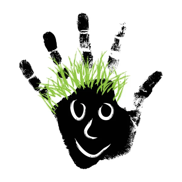 Impressão da mão com rosto feliz e cabelo verde — Fotografia de Stock