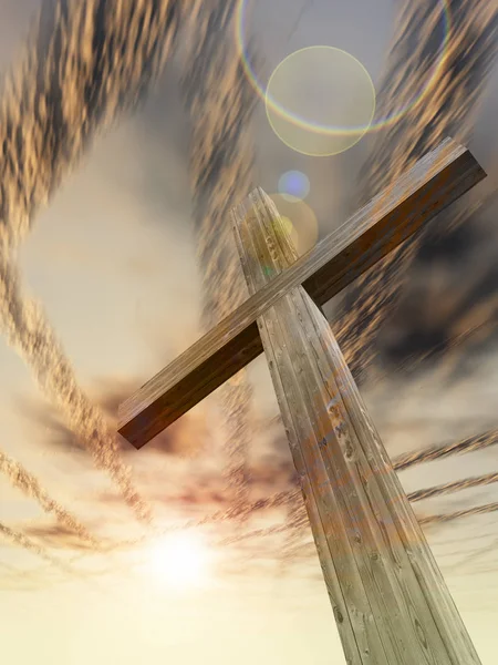 木制的十字架在落日的天空 — 图库照片