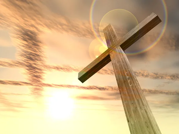 Деревянный крест над закатом неба — стоковое фото