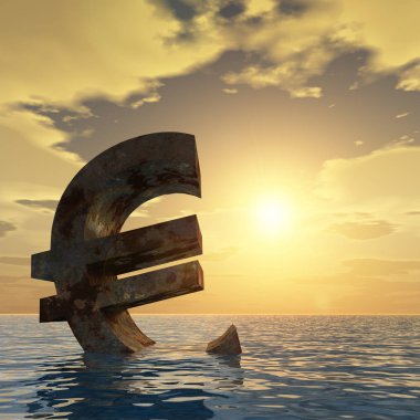 Okyanusta günbatımı üzerinde batan euro simgesi 