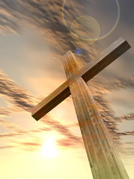 Деревянный крест над закатом неба — стоковое фото