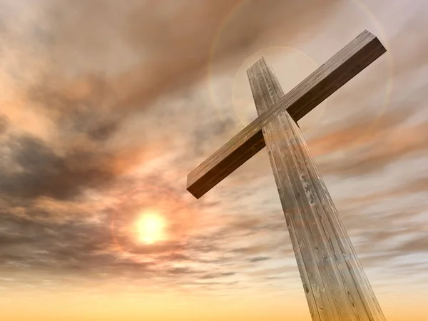 Wooden cross over sunset sky — Stock Photo, Image