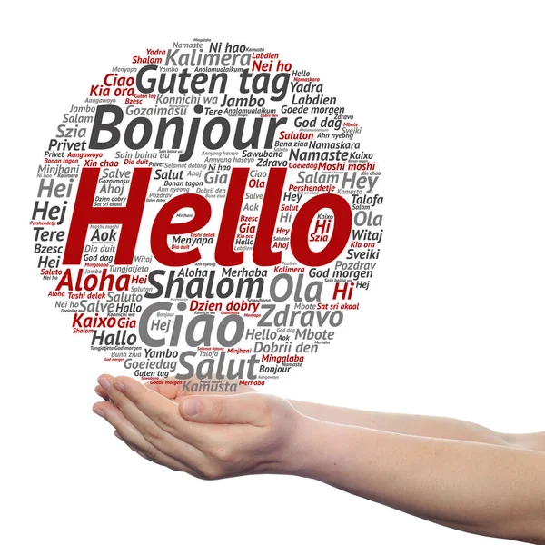 Hello word cloud in hands — Stock Photo, Image