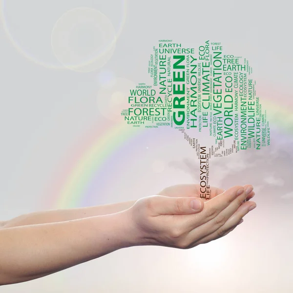 Ekologie slovo cloud strom v rukou — Stock fotografie
