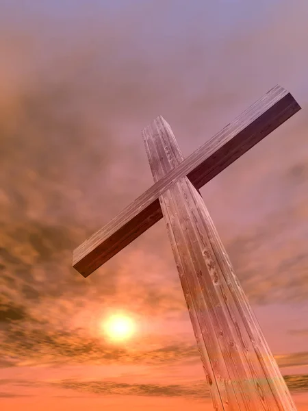 Wooden cross over sunset sky — Stock Photo, Image