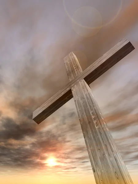 Cruz de madeira sobre o céu por do sol — Fotografia de Stock