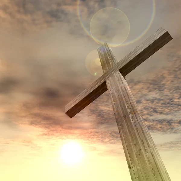 Croix en bois sur le ciel couchant — Photo