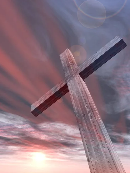 Wooden cross over sunset sky — Stock Photo, Image