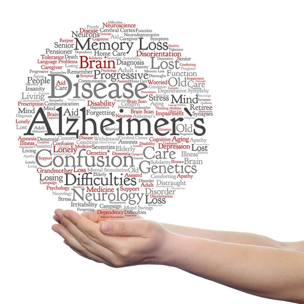Alzheimer sintomas nuvem de palavras nas mãos — Fotografia de Stock