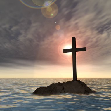 christian cross standing on rock clipart