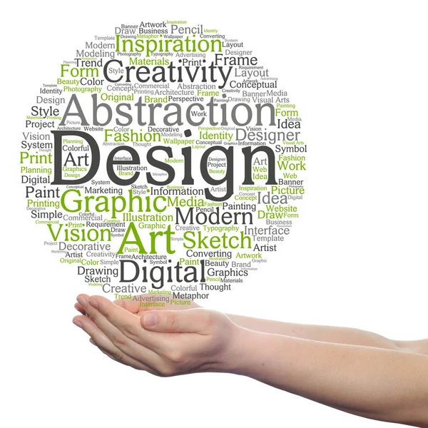 Concept conceptual creativity art graphic design visual word cloud in hand  isolated on background — Stock Photo, Image
