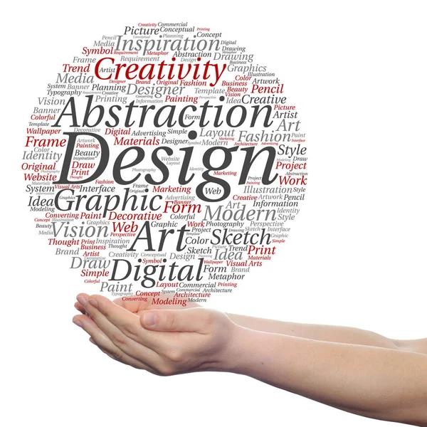 Concept conceptual creativity art graphic design visual word cloud in hand  isolated on background