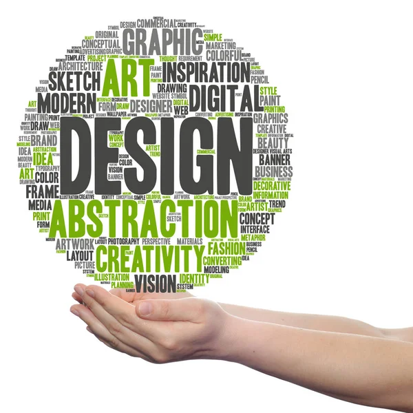 Concept conceptual creativity art graphic design visual word cloud in hand  isolated on background — Stock Photo, Image