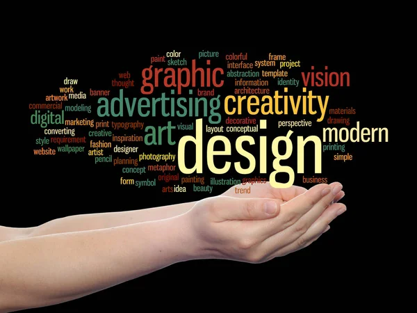 Concepto creatividad conceptual arte diseño gráfico palabra visual nube en mano aislada sobre fondo — Foto de Stock