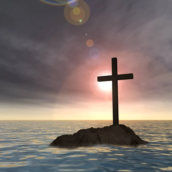 Christian cross standing on rock — Stock Photo, Image