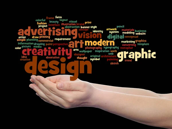 Концептуальна креативність мистецтво графічний дизайн візуальне слово хмара в руці ізольовано на фоні — стокове фото