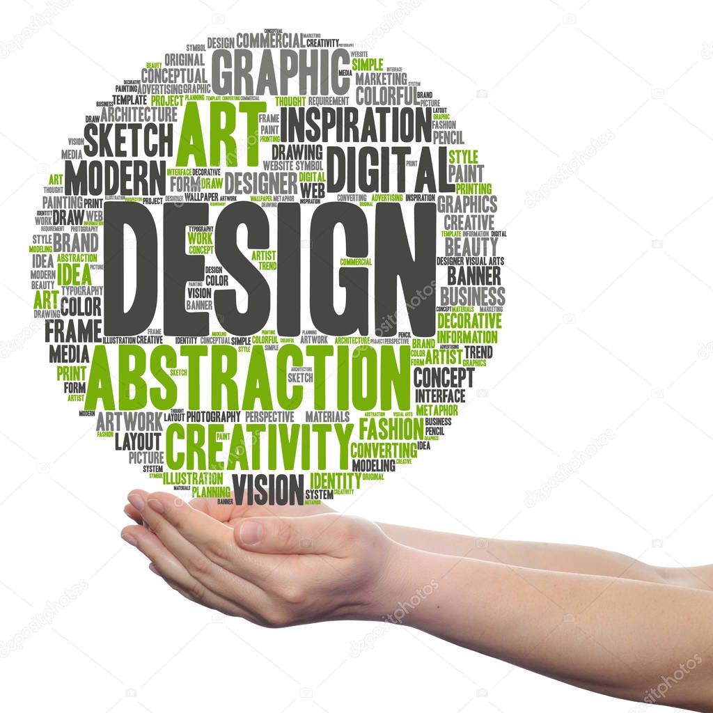Concept conceptual creativity art graphic design visual word cloud in hand  isolated on background