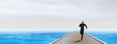 ahşap iskele işadamı üzerinde çalışan