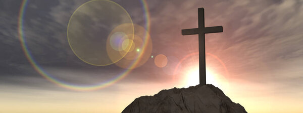 christian cross standing on rock