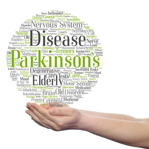 Parkinsons nuvem de palavras nas mãos — Fotografia de Stock